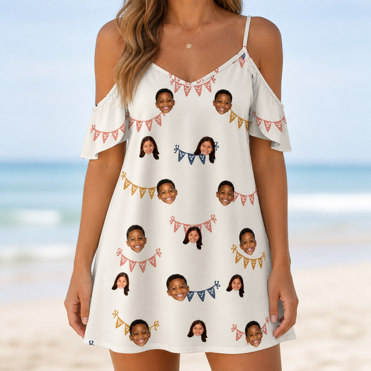 Model wearing Women's Garland Giggles Custom Face Off-Shoulder Dress printed with kids' faces