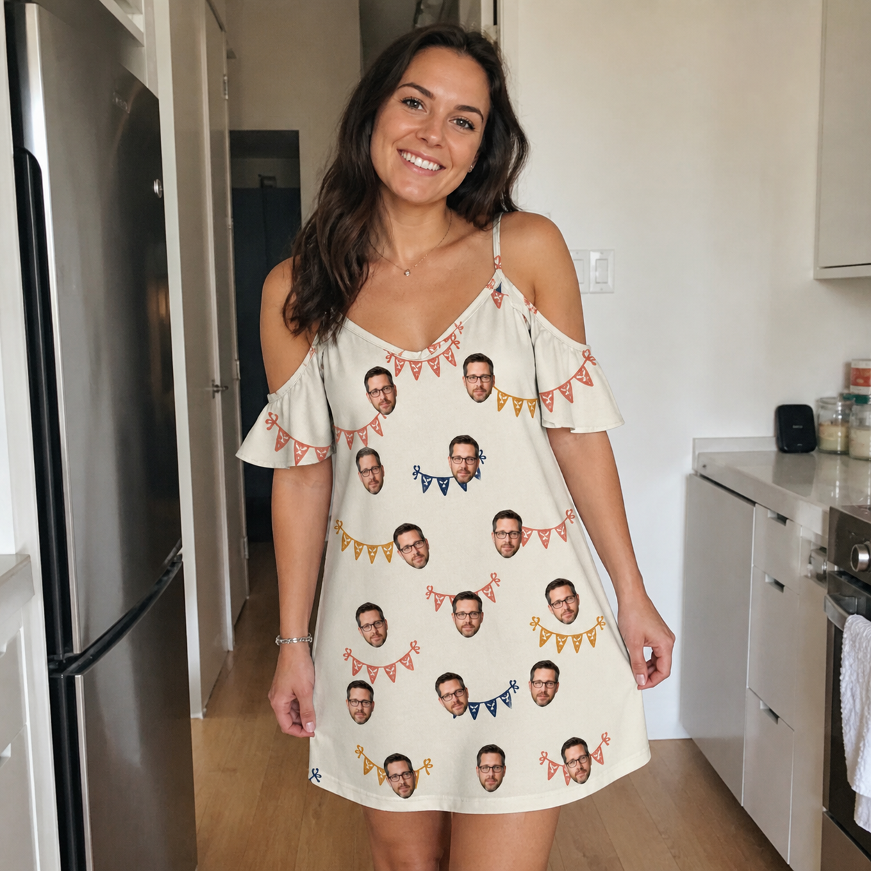 Real-life photo of someone wearing Women's Garland Giggles Custom Face Off-Shoulder Dress — custom faces printed all-over
