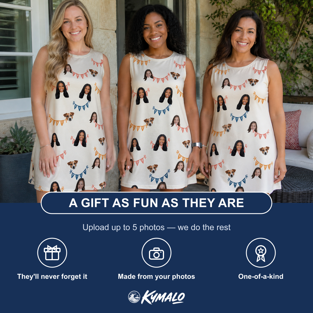 Friends in matching Women's Garland Giggles Custom Face Tank Dress — a group gift photo