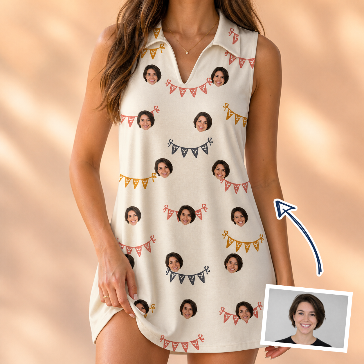 Woman wearing Women's Garland Giggles Custom Face V-Neck Dress — custom faces printed all-over