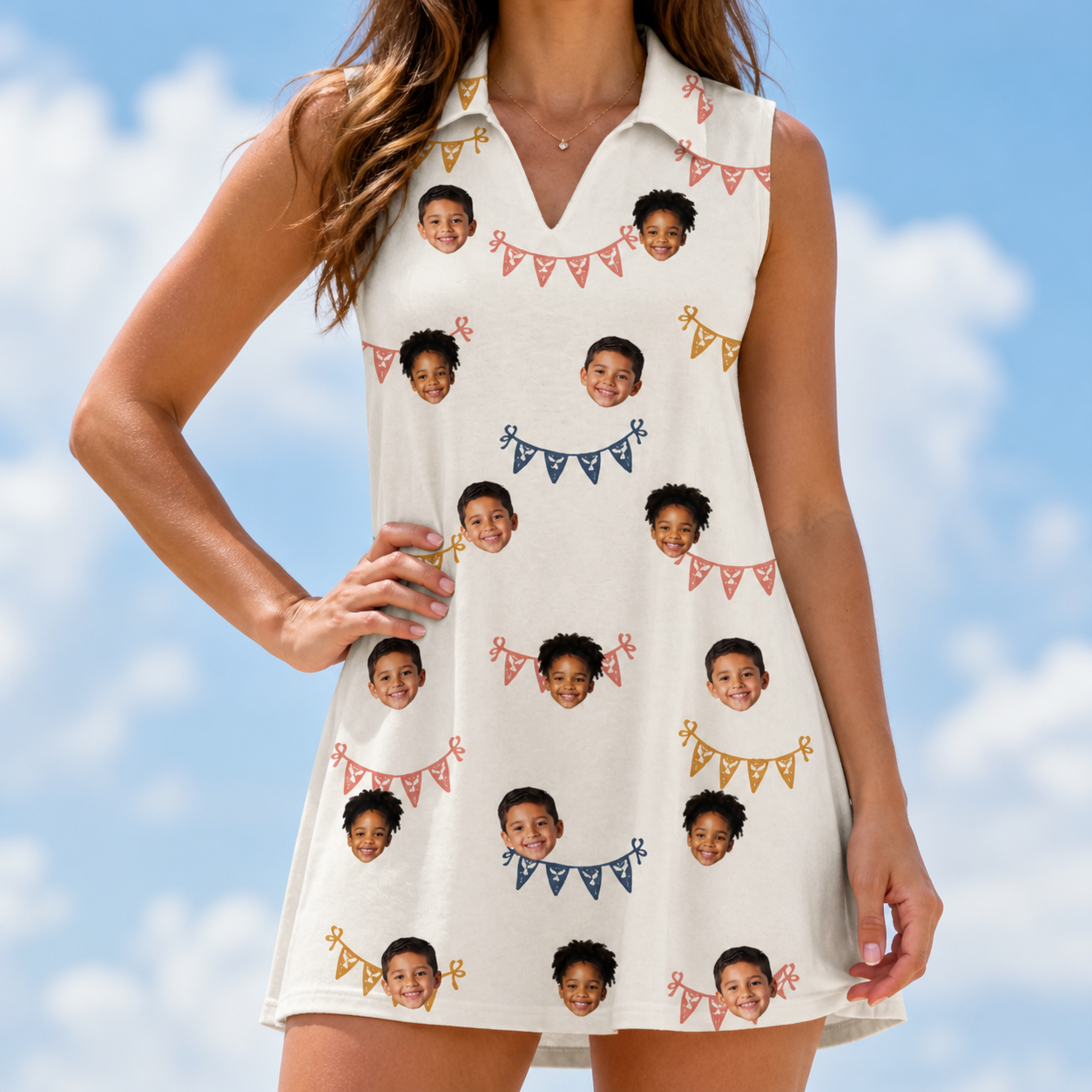 Model wearing Women's Garland Giggles Custom Face V-Neck Dress printed with kids' faces