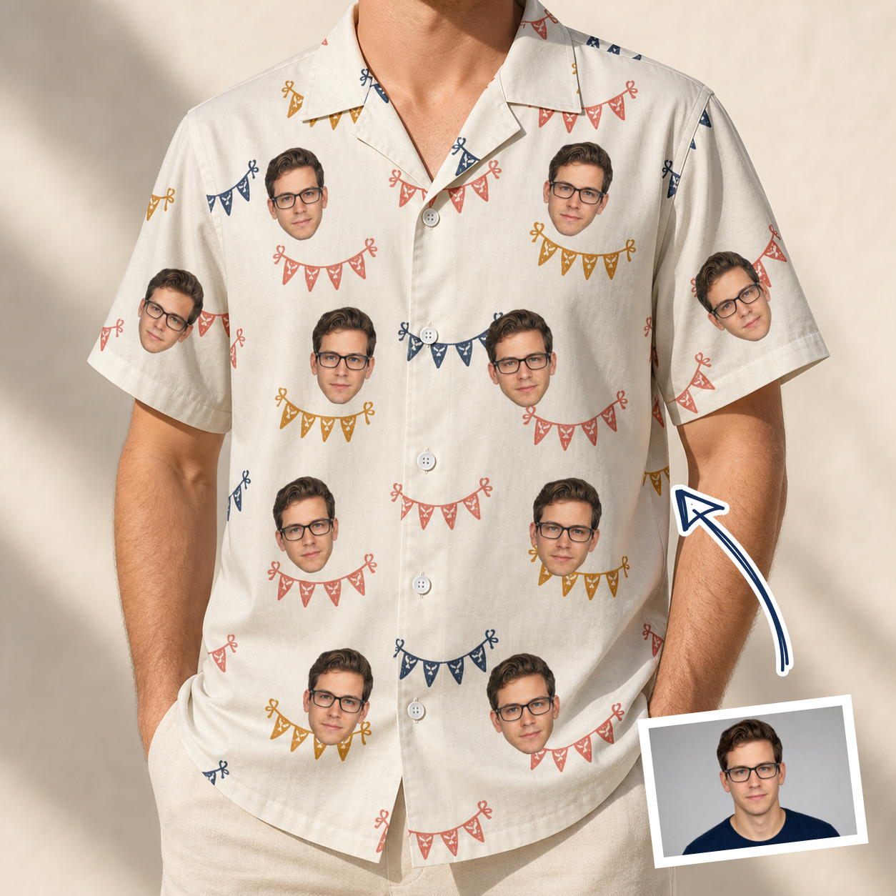 Man wearing Men's Garland Giggles Custom Face Hawaiian Shirt — custom faces printed all-over