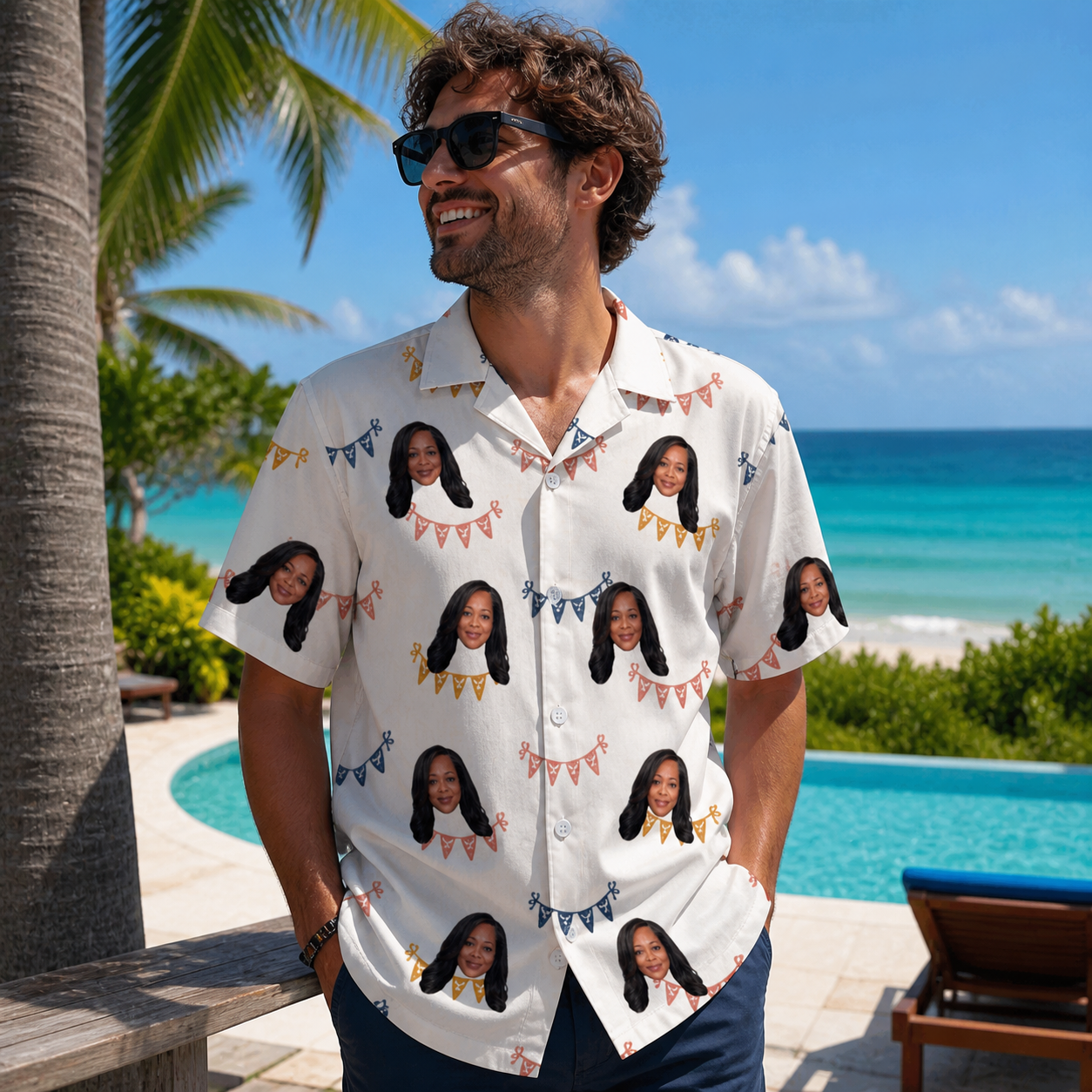 Real-life photo of someone wearing Men's Garland Giggles Custom Face Hawaiian Shirt — custom faces printed all-over