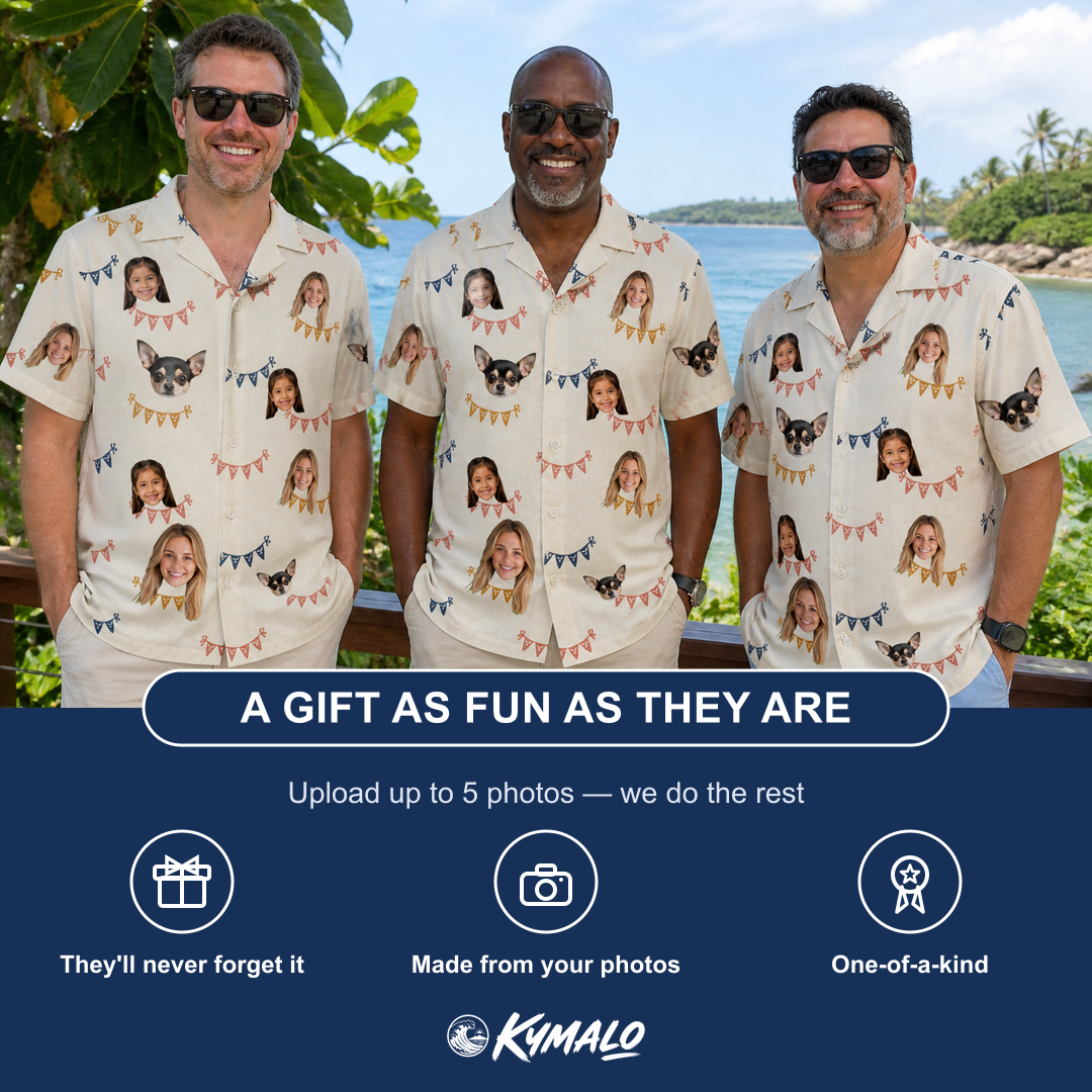 Friends in matching Men's Garland Giggles Custom Face Hawaiian Shirt — a group gift photo