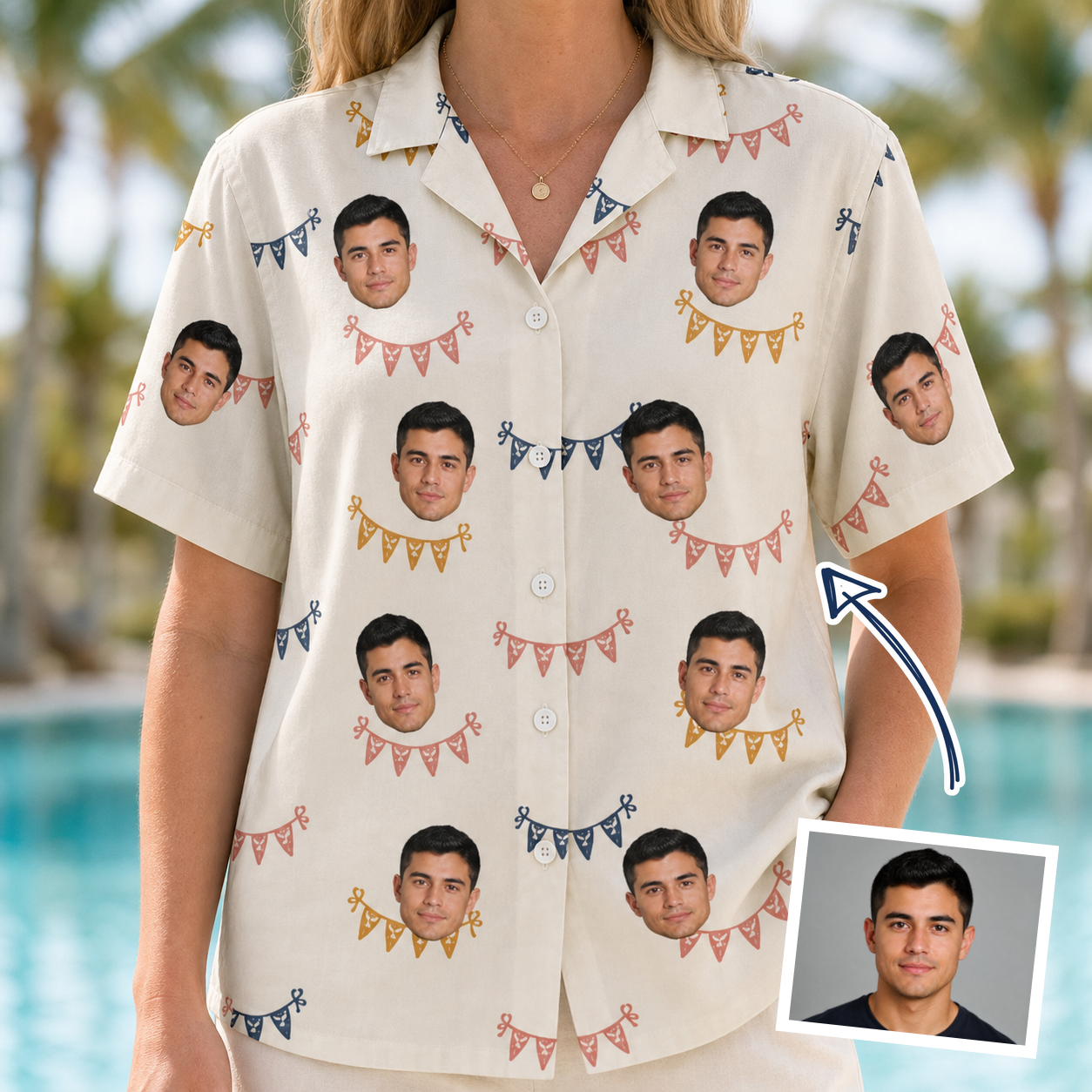 Woman wearing Women's Garland Giggles Custom Face Hawaiian Shirt — custom faces printed all-over