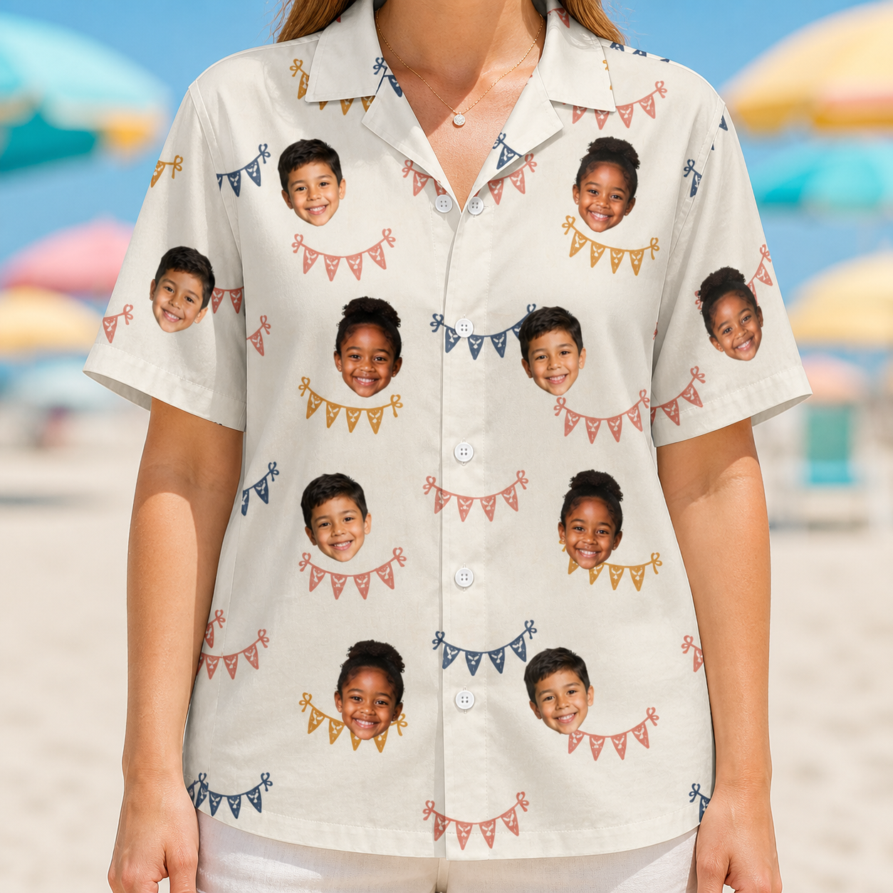 Model wearing Women's Garland Giggles Custom Face Hawaiian Shirt printed with kids' faces