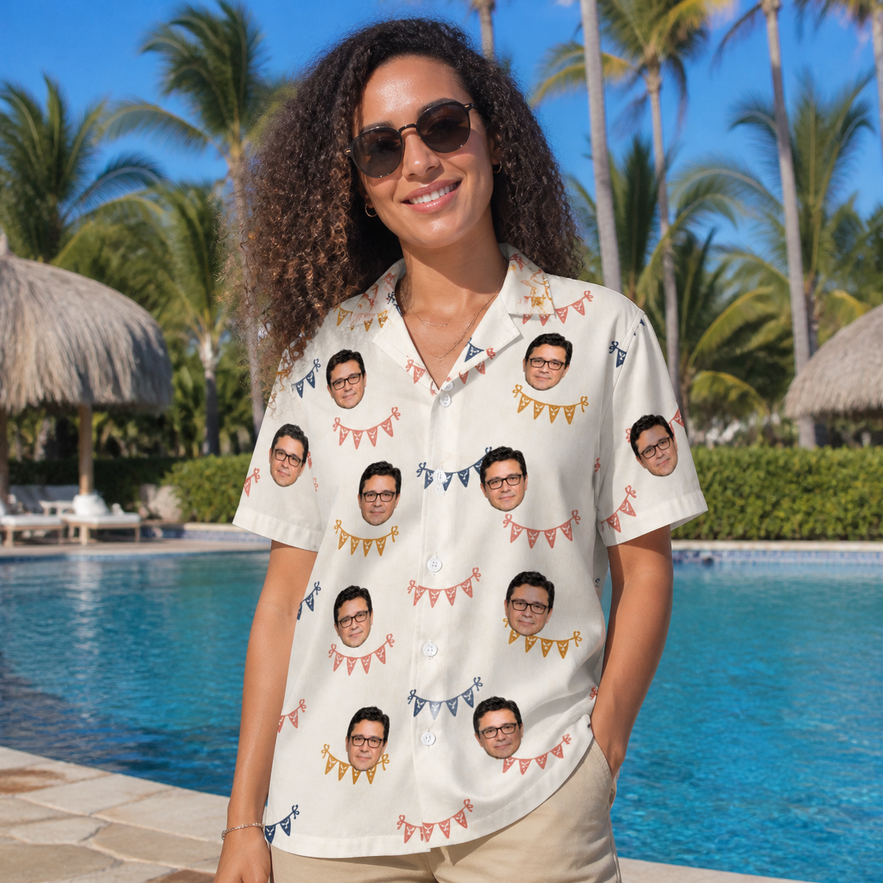 Real-life photo of someone wearing Women's Garland Giggles Custom Face Hawaiian Shirt — custom faces printed all-over