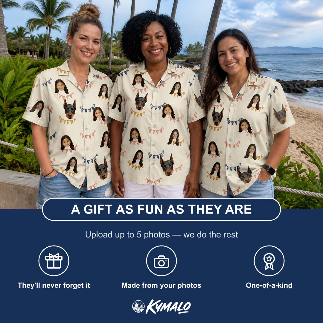 Friends in matching Women's Garland Giggles Custom Face Hawaiian Shirt — a group gift photo