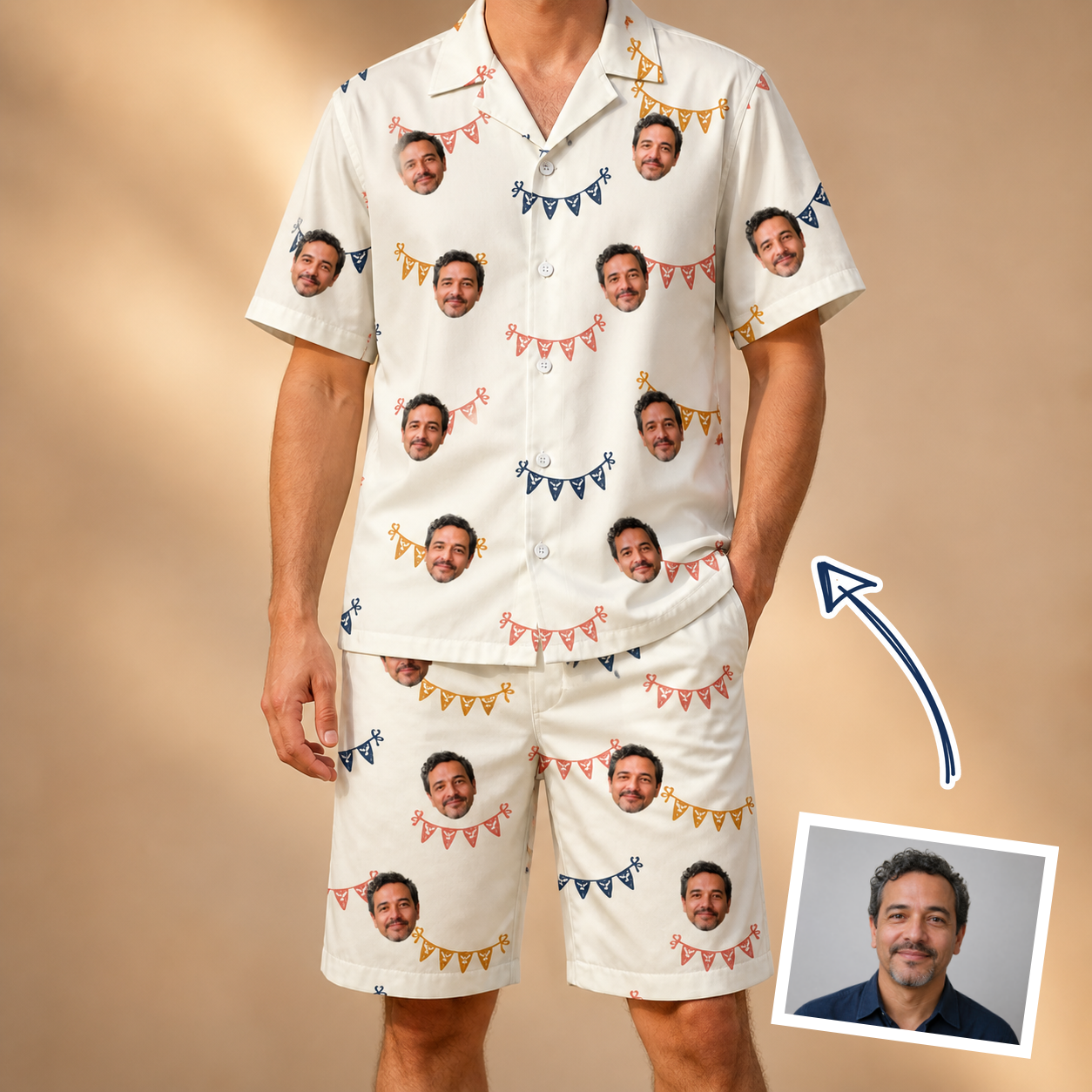 Man wearing Men's Garland Giggles Custom Face Shirt & Shorts Set — custom faces printed all-over