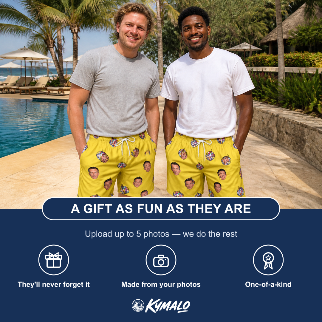 Friends in matching Men's Mirrorball Mischief Custom Face Beach Shorts — a group gift photo