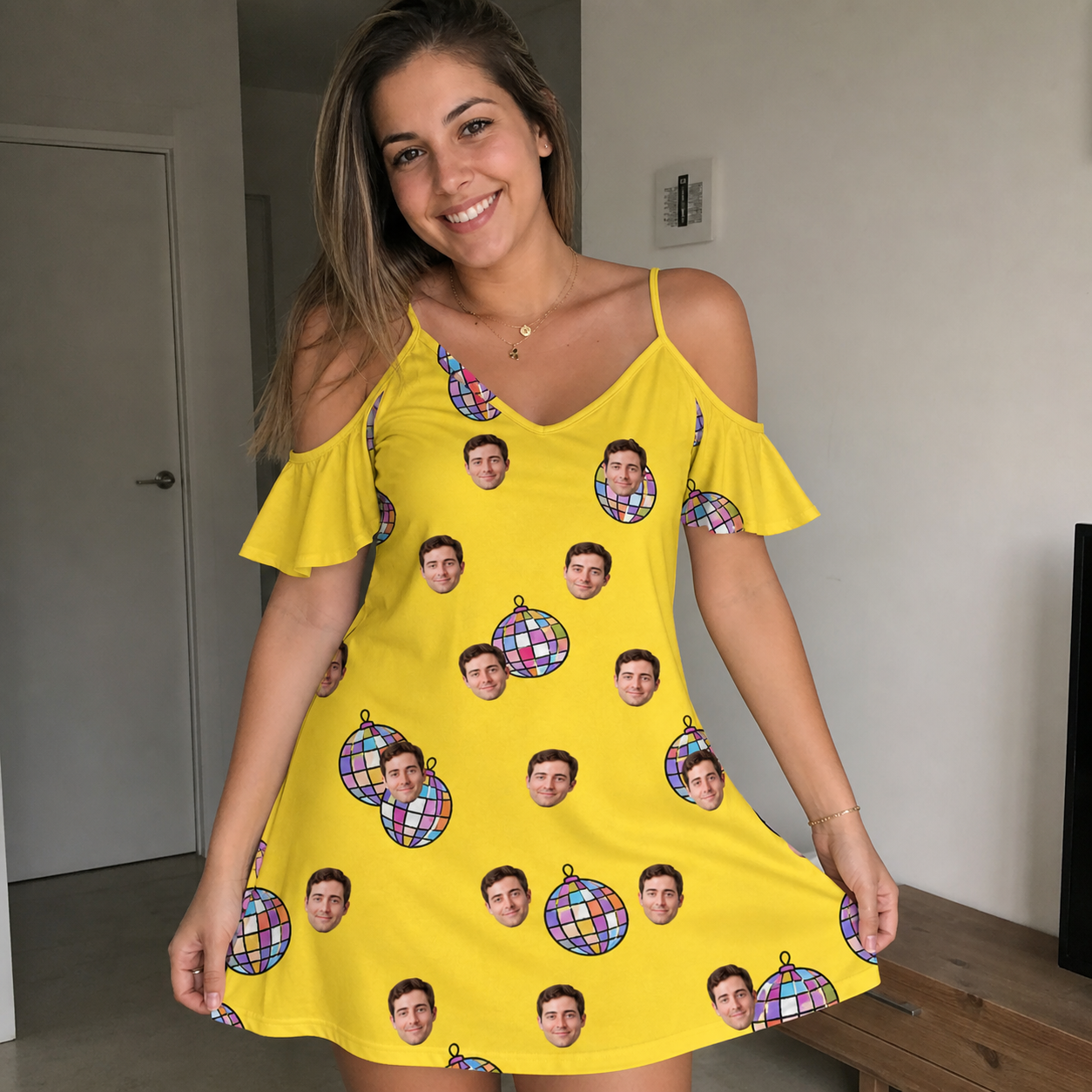 Real-life photo of someone wearing Women's Mirrorball Mischief Custom Face Off-Shoulder Dress — custom faces printed all-over
