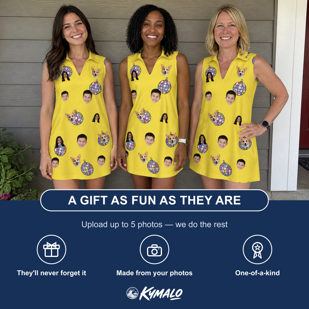 Friends in matching Women's Mirrorball Mischief Custom Face V-Neck Dress — a group gift photo