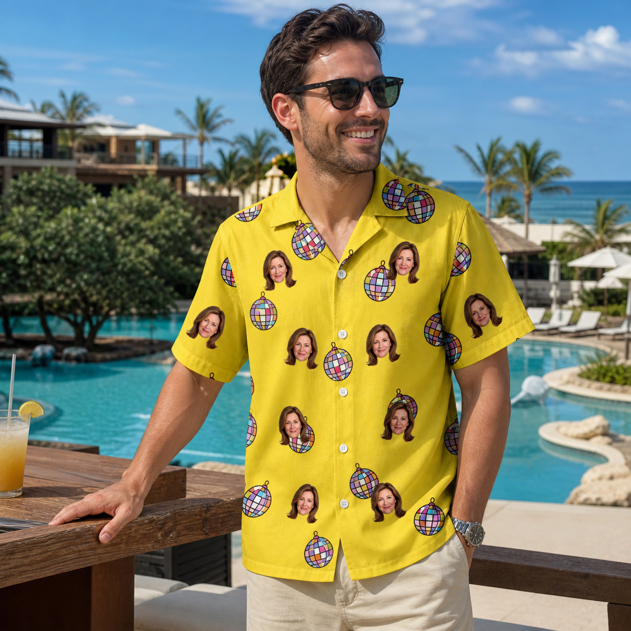 Real-life photo of someone wearing Men's Mirrorball Mischief Custom Face Hawaiian Shirt — custom faces printed all-over