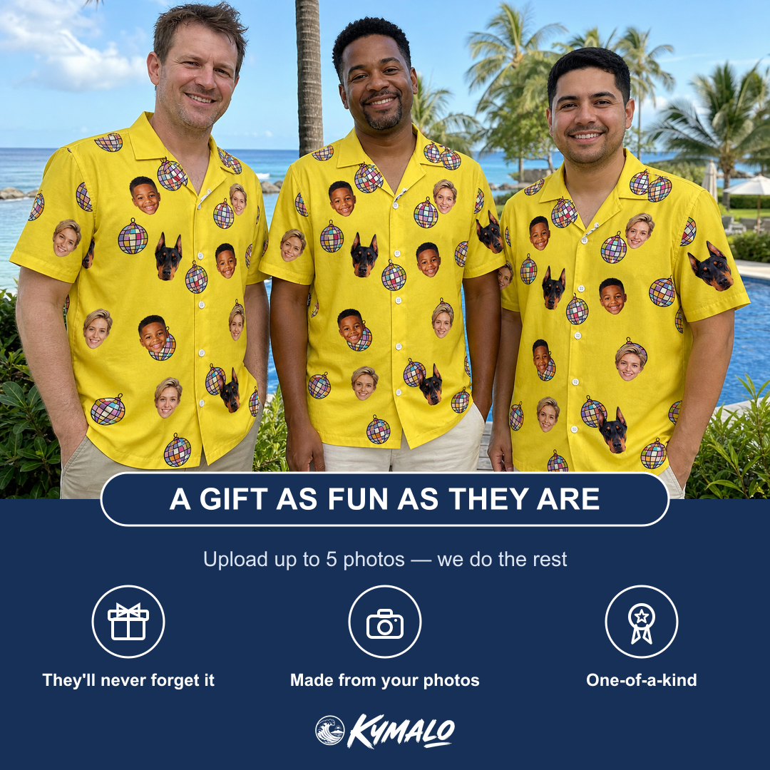 Friends in matching Men's Mirrorball Mischief Custom Face Hawaiian Shirt — a group gift photo