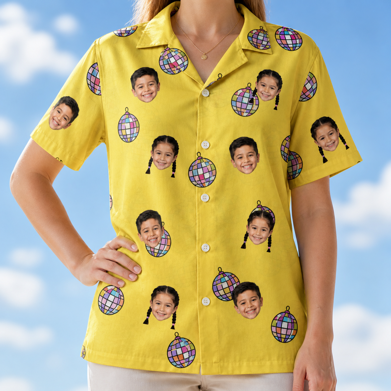 Model wearing Women's Mirrorball Mischief Custom Face Hawaiian Shirt printed with kids' faces