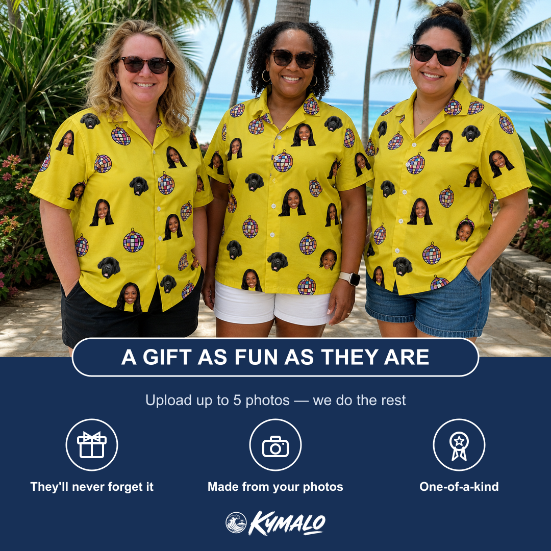 Friends in matching Women's Mirrorball Mischief Custom Face Hawaiian Shirt — a group gift photo