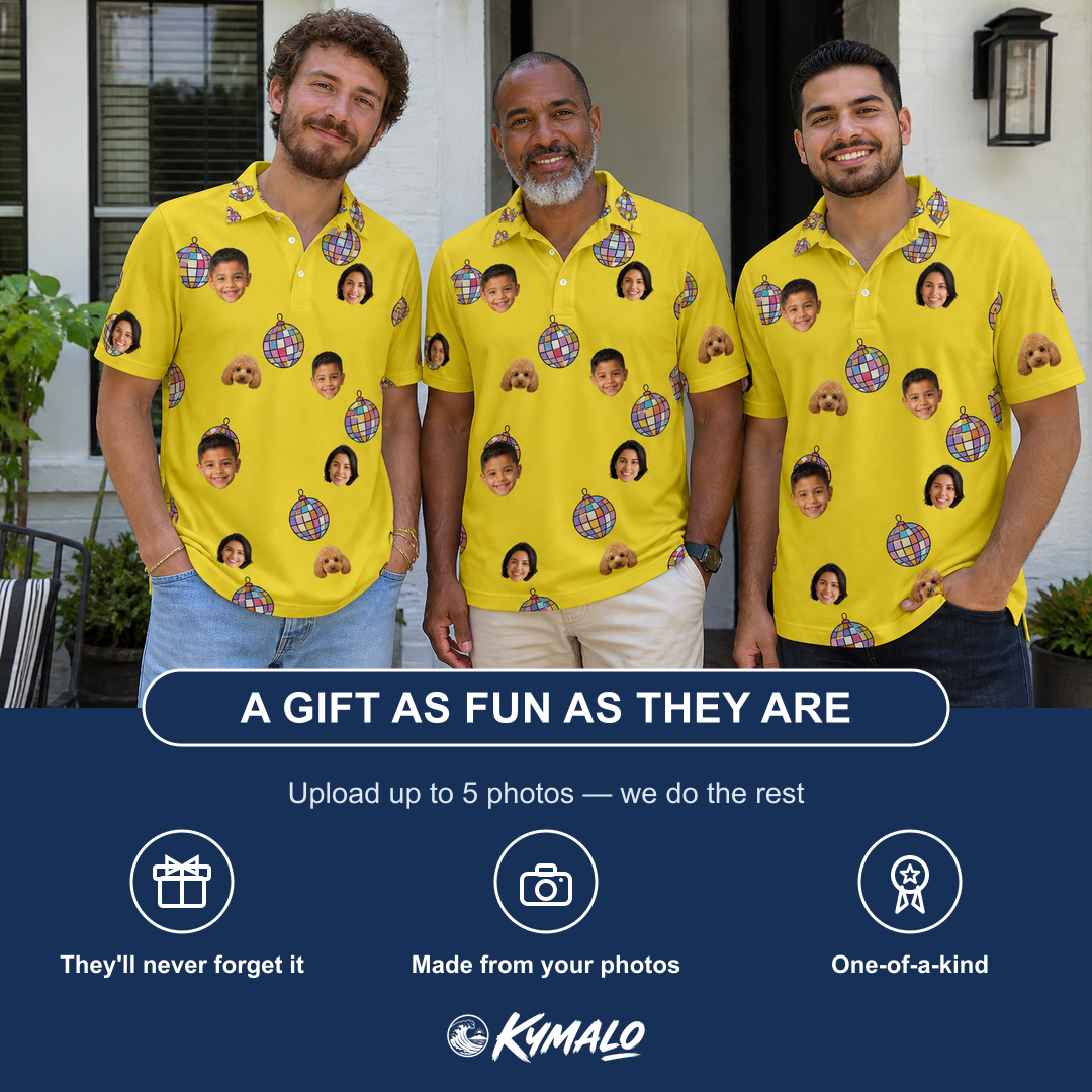 Friends in matching Men's Mirrorball Mischief Custom Face Polo Shirt — a group gift photo