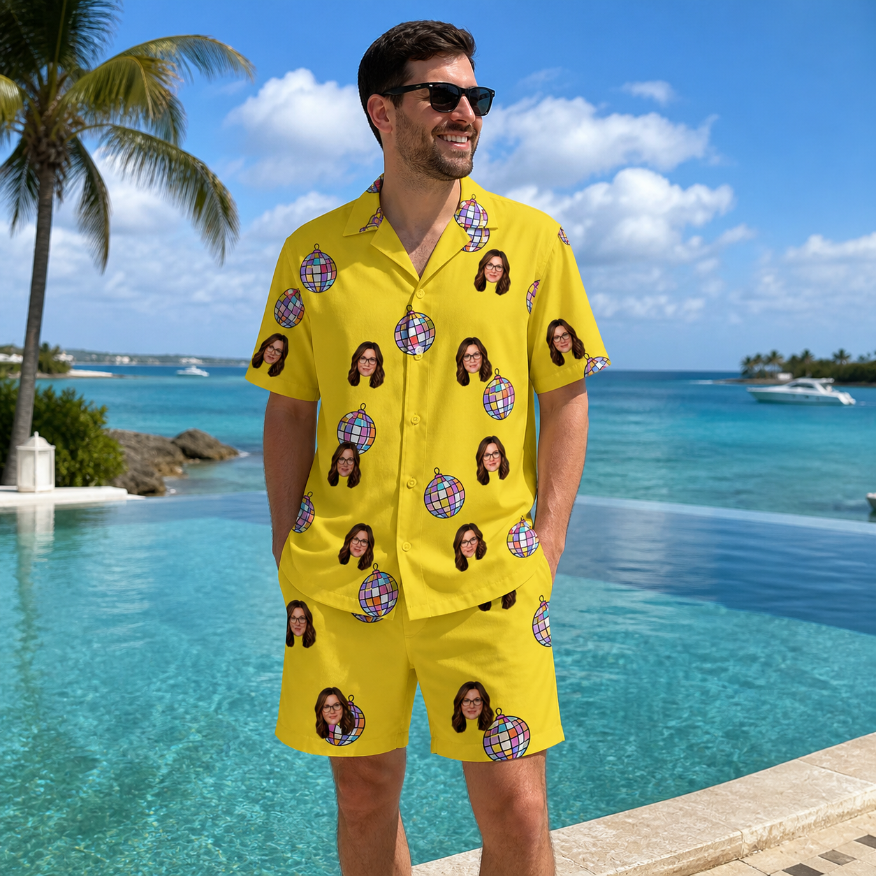 Real-life photo of someone wearing Men's Mirrorball Mischief Custom Face Shirt & Shorts Set — custom faces printed all-over