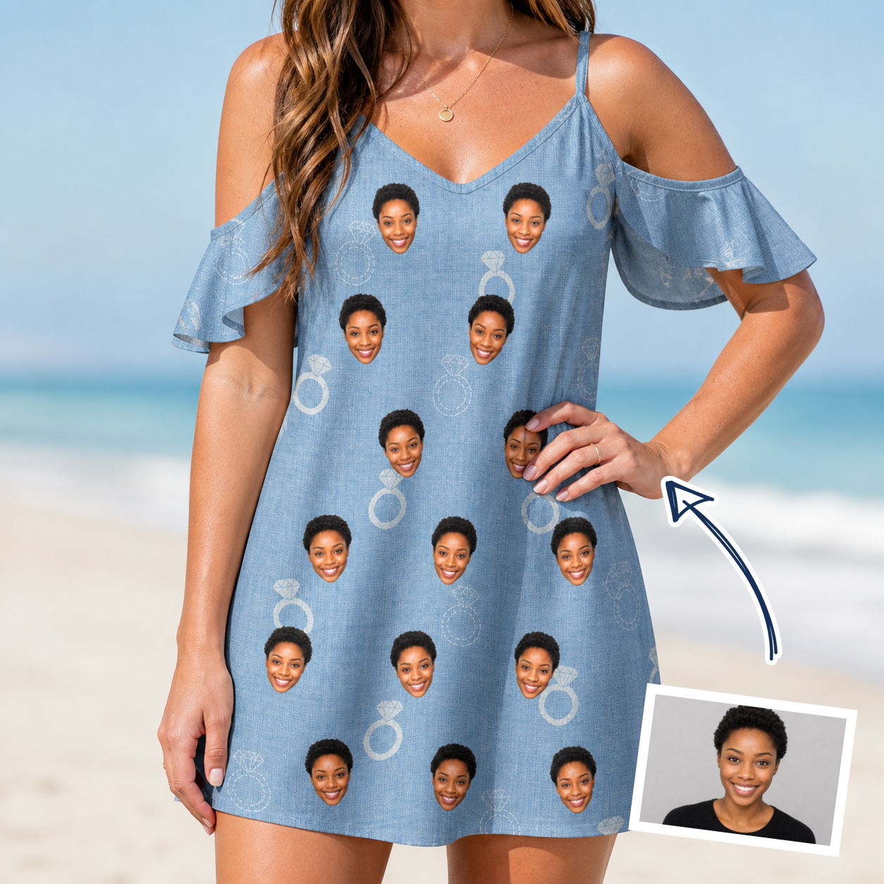 Woman wearing Women's Carat Chaos Custom Face Off-Shoulder Dress — custom faces printed all-over