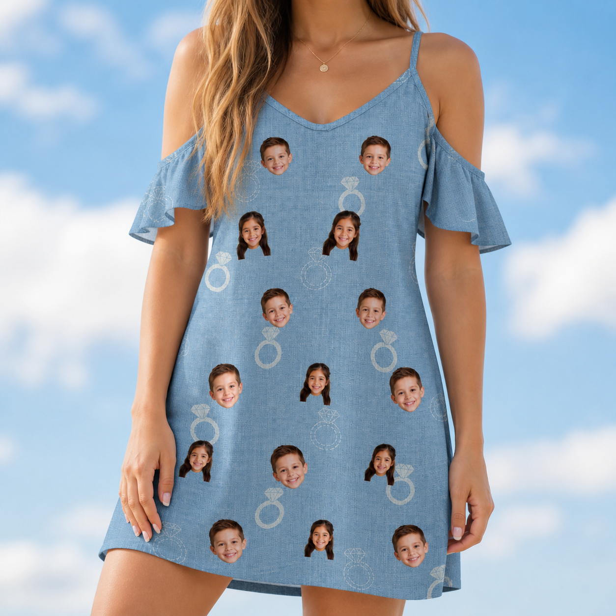 Model wearing Women's Carat Chaos Custom Face Off-Shoulder Dress printed with kids' faces