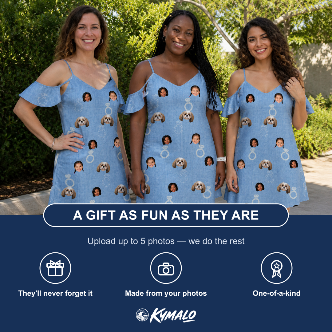 Friends in matching Women's Carat Chaos Custom Face Off-Shoulder Dress — a group gift photo