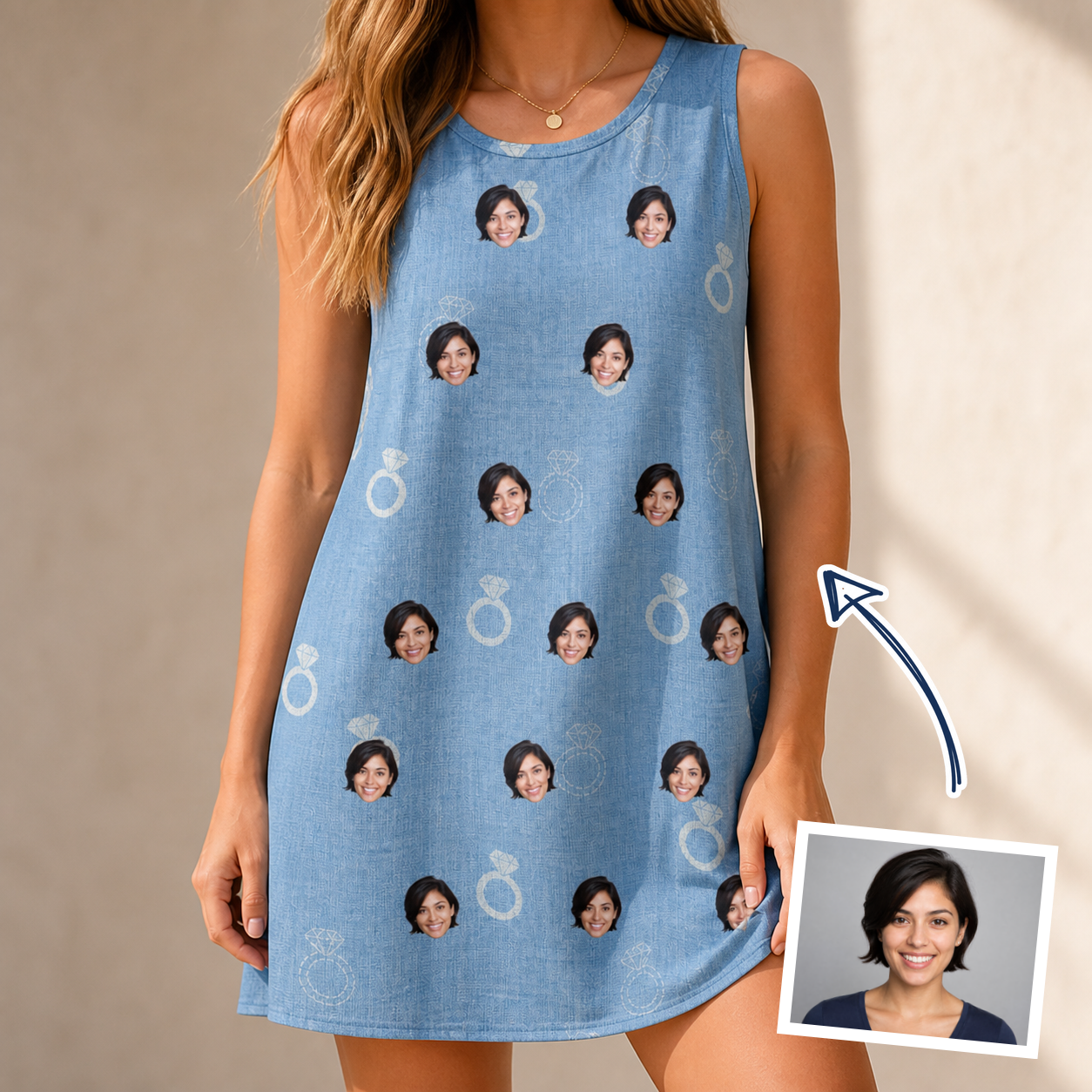 Woman wearing Women's Carat Chaos Custom Face Tank Dress — custom faces printed all-over