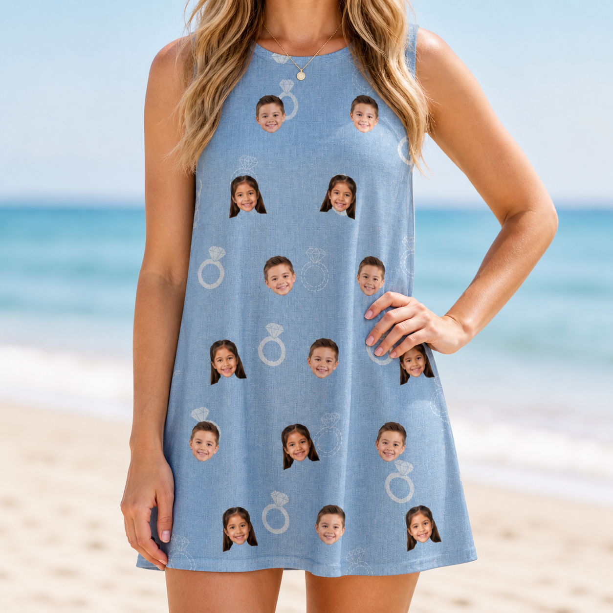 Model wearing Women's Carat Chaos Custom Face Tank Dress printed with kids' faces