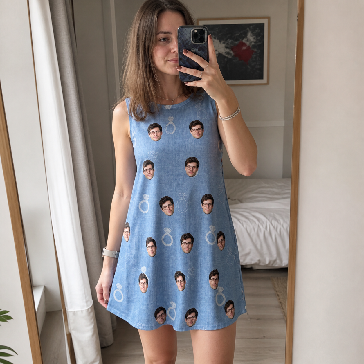Real-life photo of someone wearing Women's Carat Chaos Custom Face Tank Dress — custom faces printed all-over