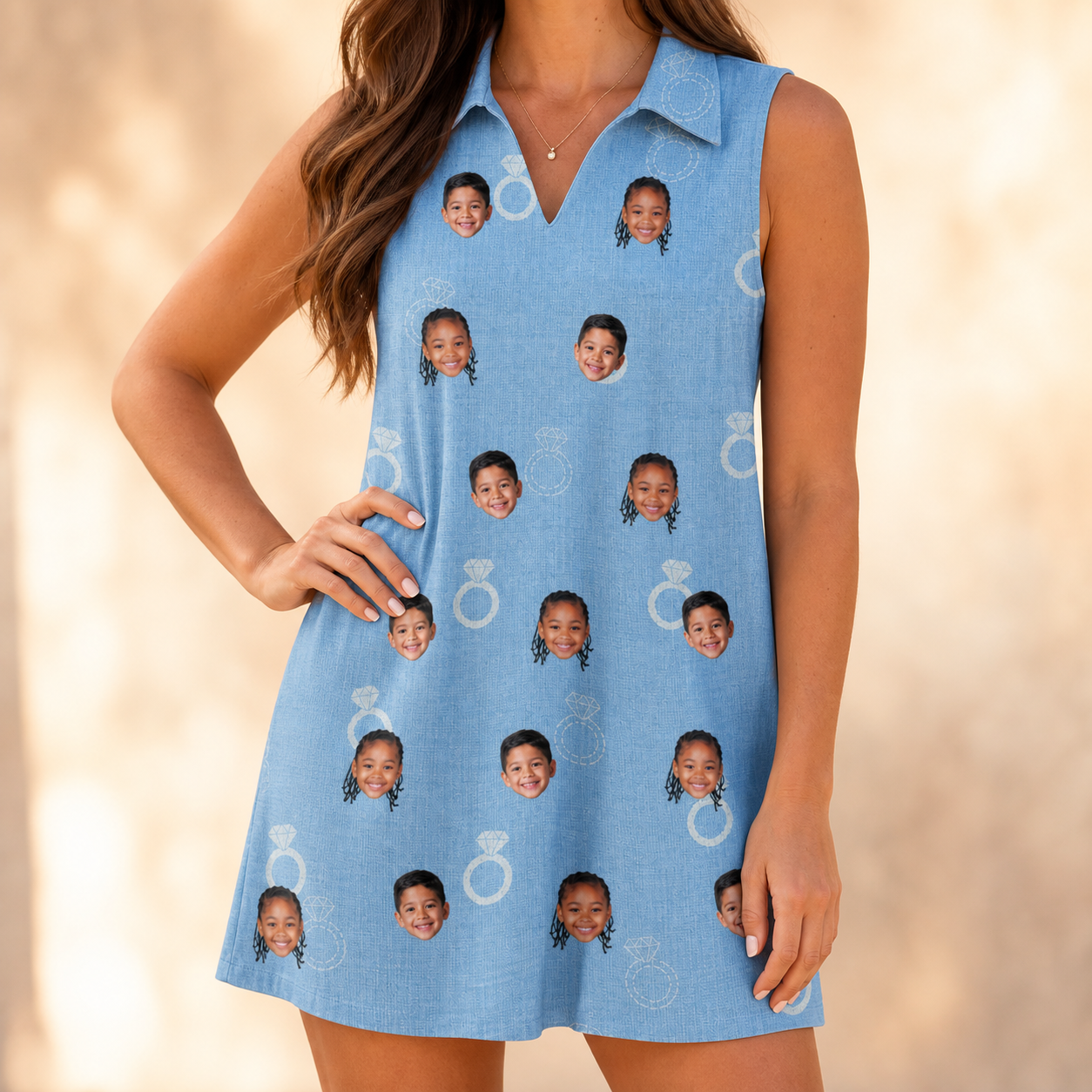 Model wearing Women's Carat Chaos Custom Face V-Neck Dress printed with kids' faces