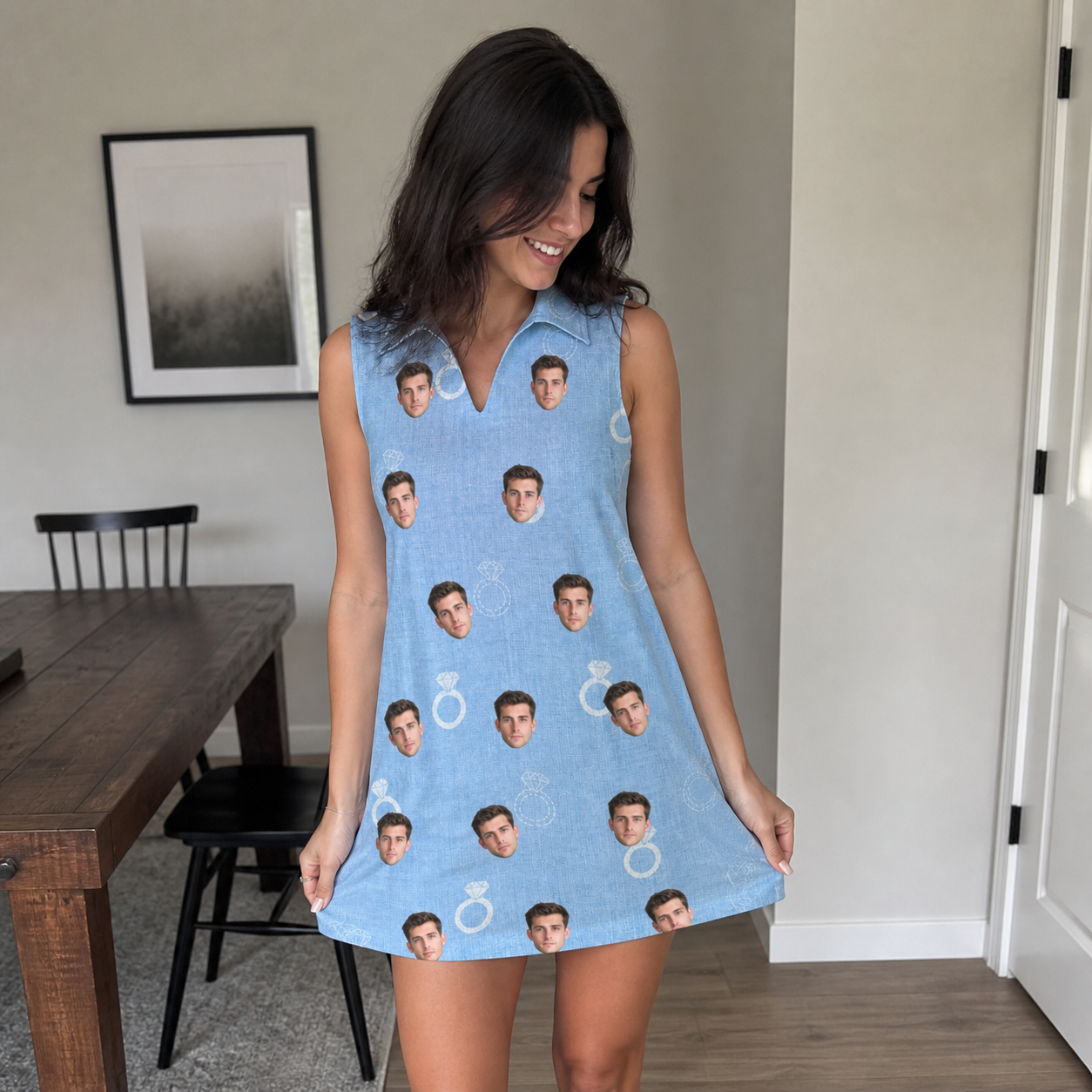 Real-life photo of someone wearing Women's Carat Chaos Custom Face V-Neck Dress — custom faces printed all-over