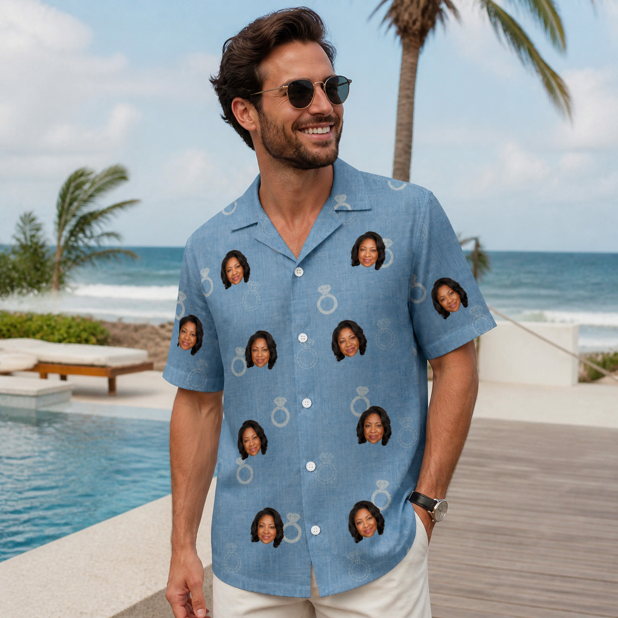 Real-life photo of someone wearing Men's Carat Chaos Custom Face Hawaiian Shirt — custom faces printed all-over