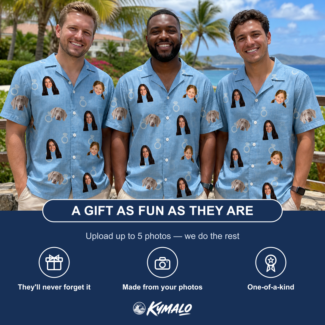 Friends in matching Men's Carat Chaos Custom Face Hawaiian Shirt — a group gift photo