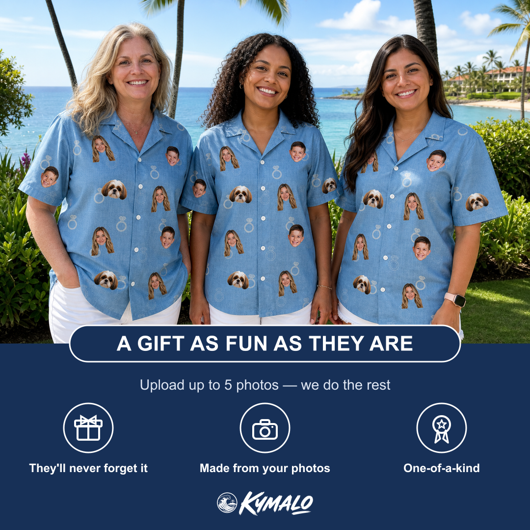 Friends in matching Women's Carat Chaos Custom Face Hawaiian Shirt — a group gift photo