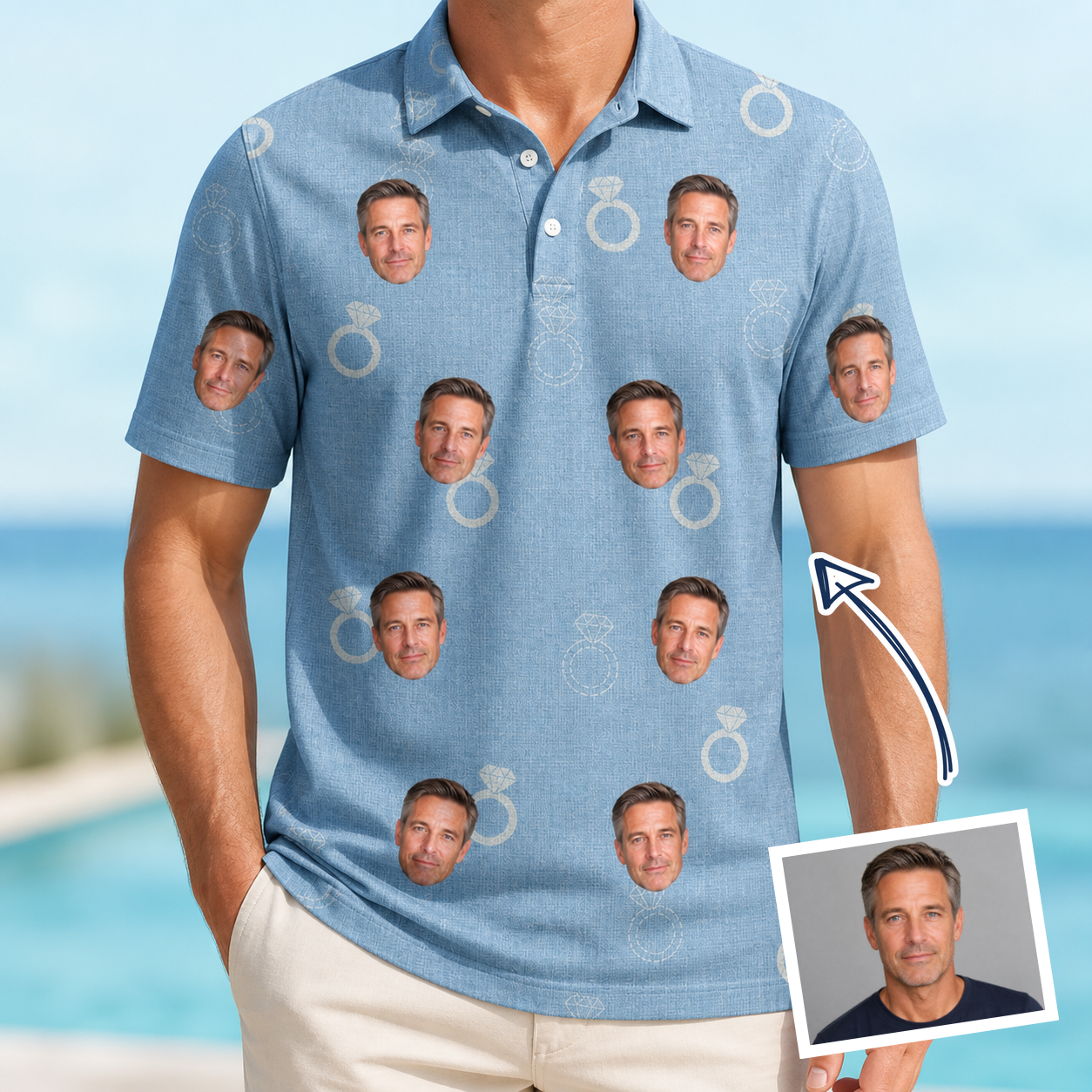 Man wearing Men's Carat Chaos Custom Face Polo Shirt — custom faces printed all-over