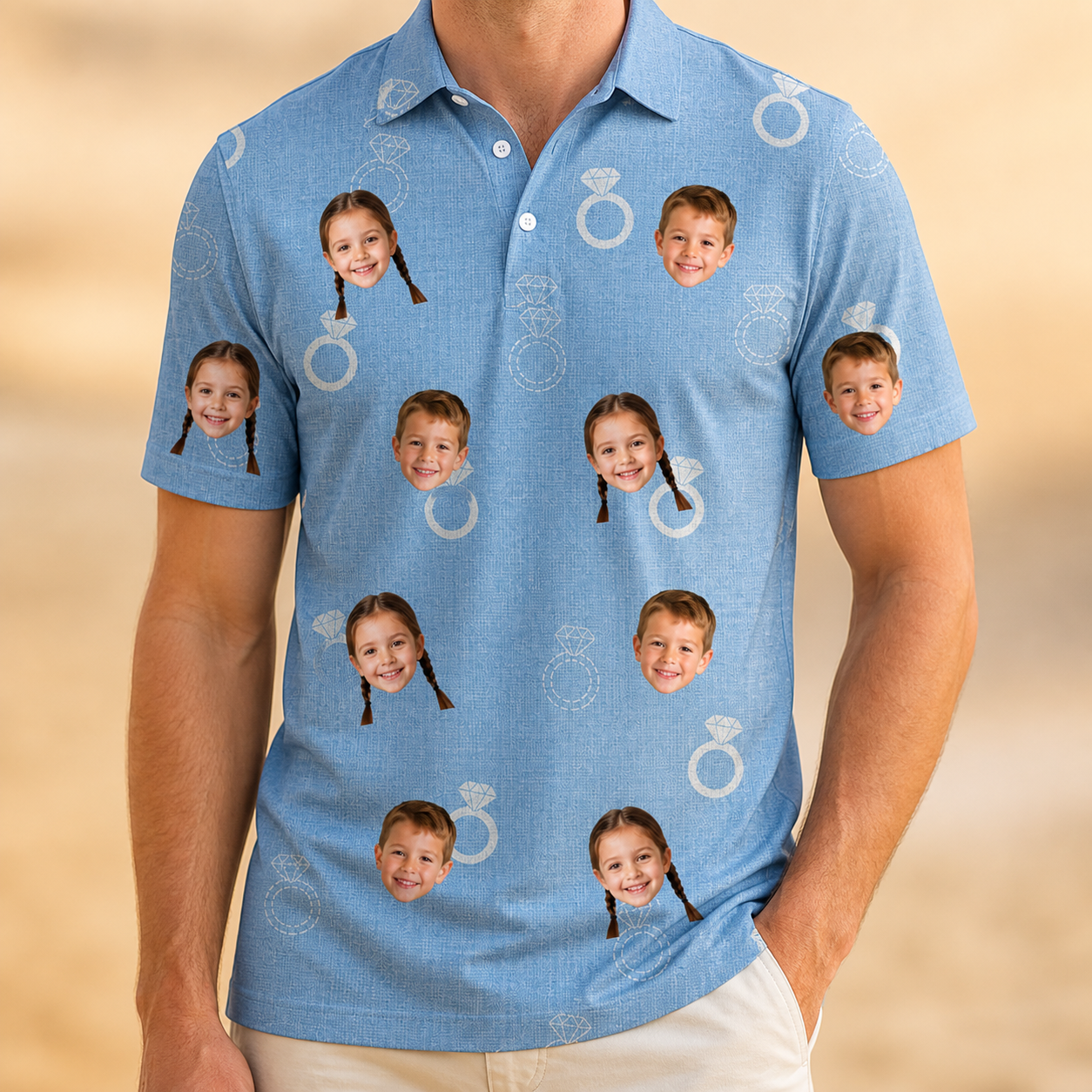 Model wearing Men's Carat Chaos Custom Face Polo Shirt printed with kids' faces