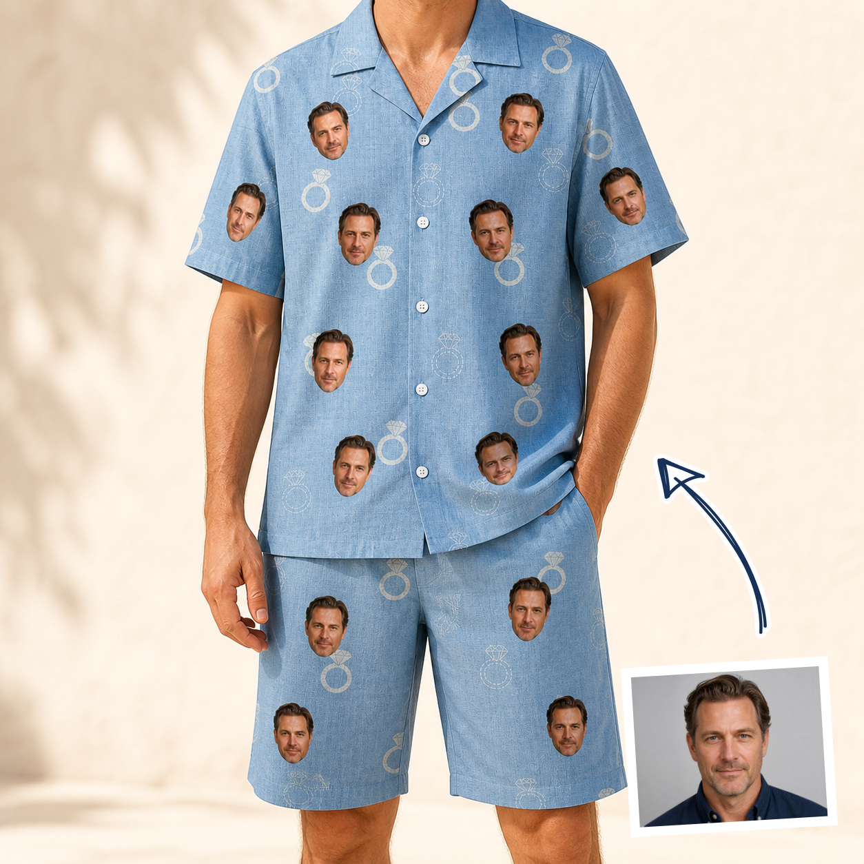 Man wearing Men's Carat Chaos Custom Face Shirt & Shorts Set — custom faces printed all-over