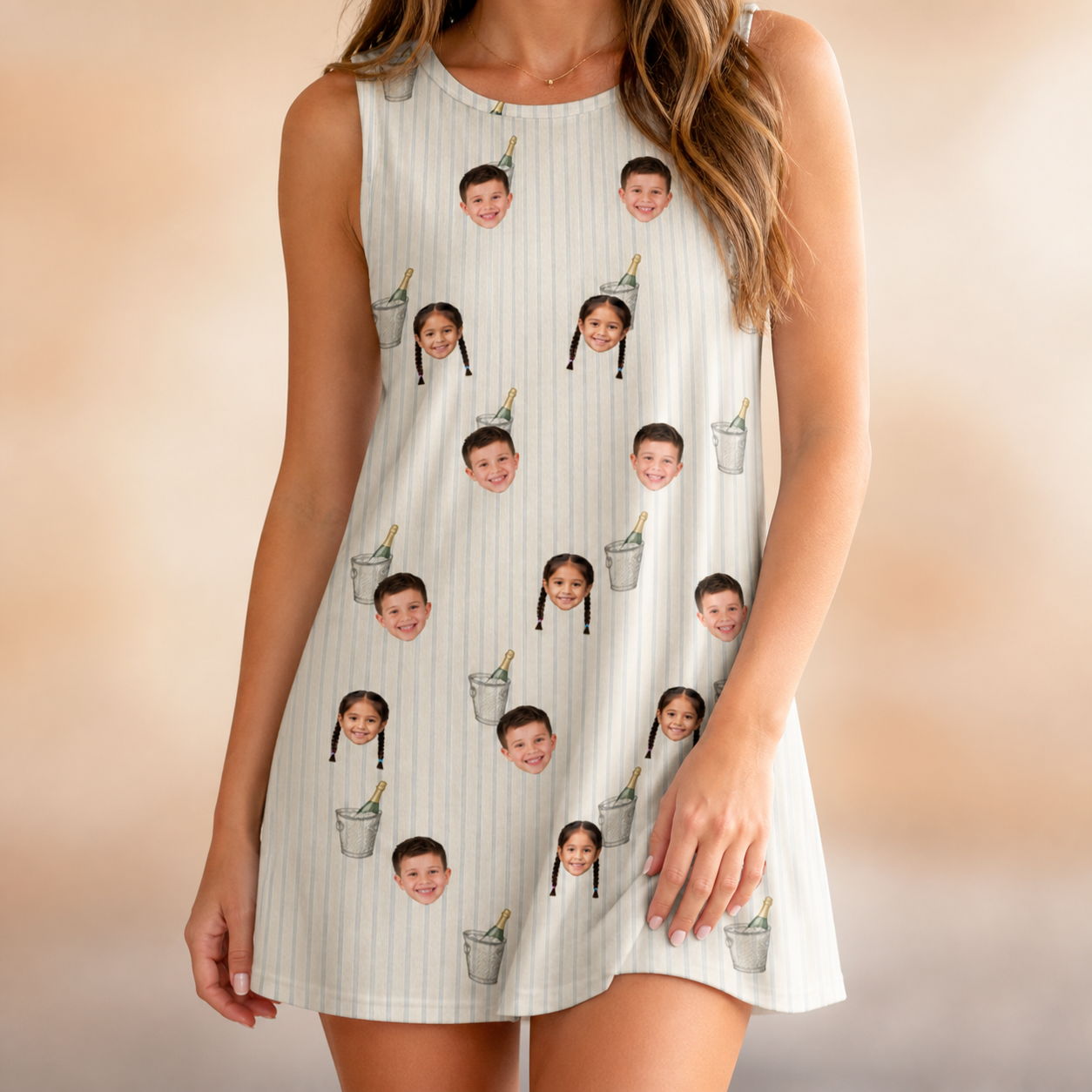 Model wearing Women's Proposal Pails Custom Face Tank Dress printed with kids' faces