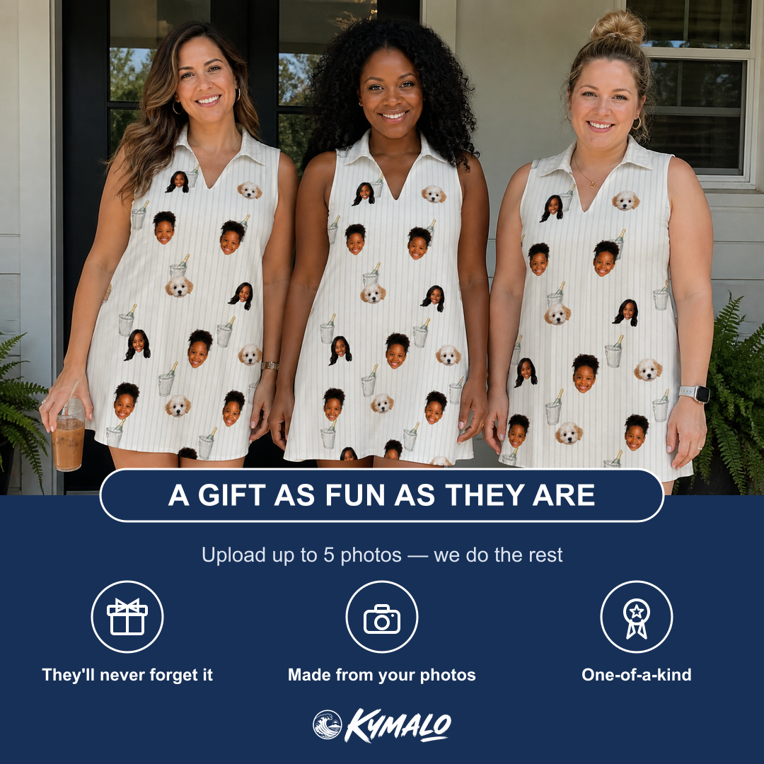 Friends in matching Women's Proposal Pails Custom Face V-Neck Dress — a group gift photo