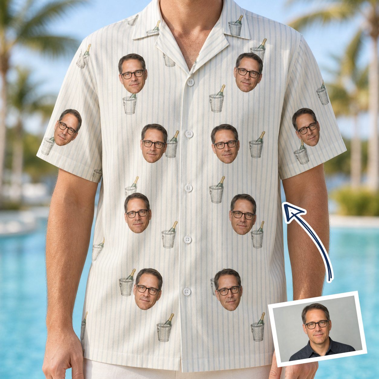 Man wearing Men's Proposal Pails Custom Face Hawaiian Shirt — custom faces printed all-over