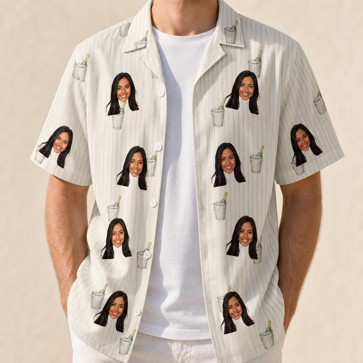 Man wearing Men's Proposal Pails Custom Face Hawaiian Shirt open over a white tee