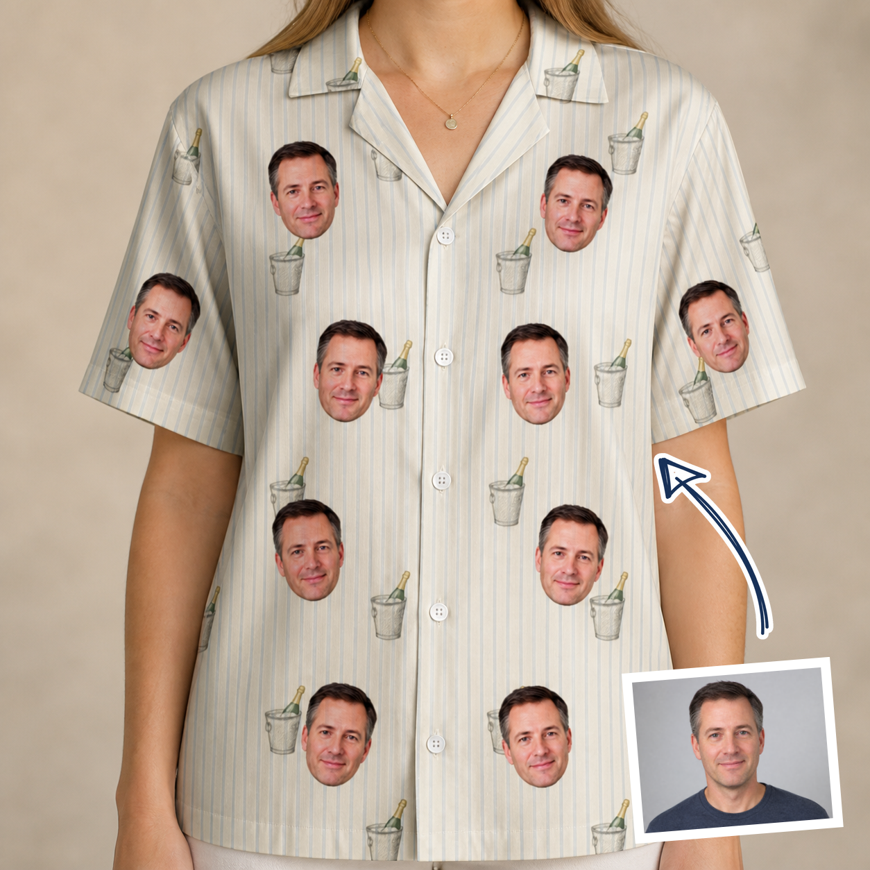 Woman wearing Women's Proposal Pails Custom Face Hawaiian Shirt — custom faces printed all-over