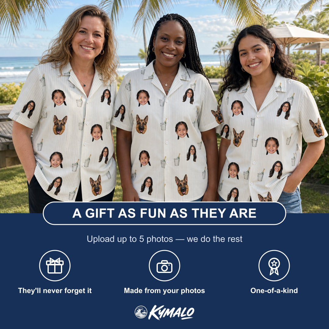 Friends in matching Women's Proposal Pails Custom Face Hawaiian Shirt — a group gift photo