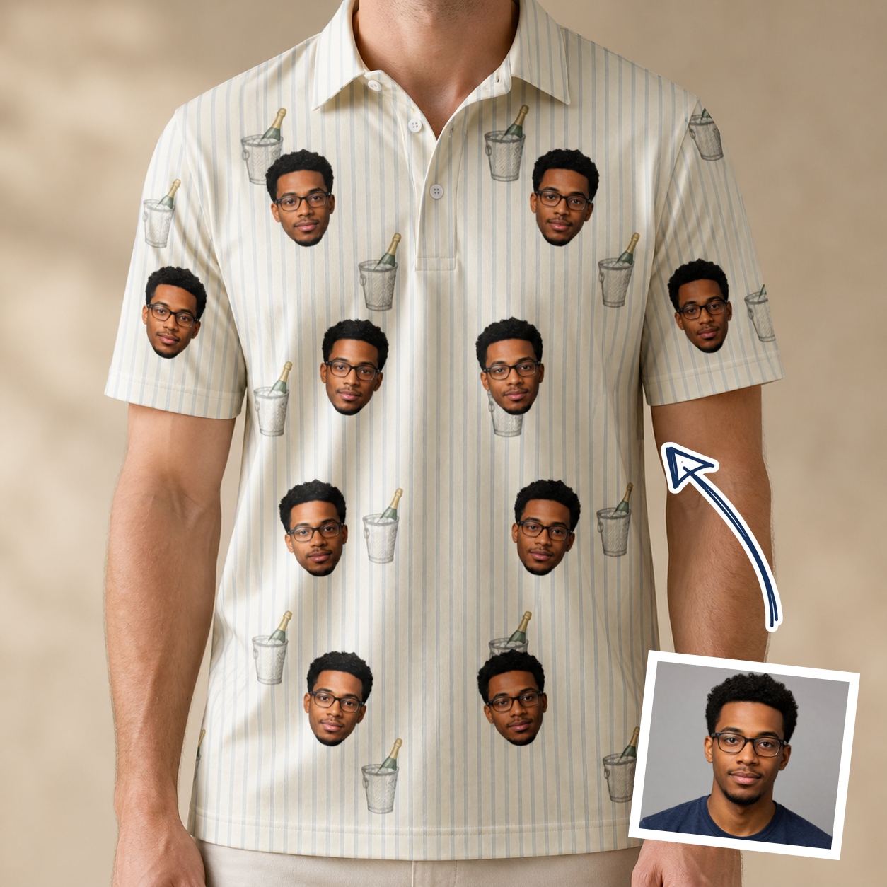 Man wearing Men's Proposal Pails Custom Face Polo Shirt — custom faces printed all-over