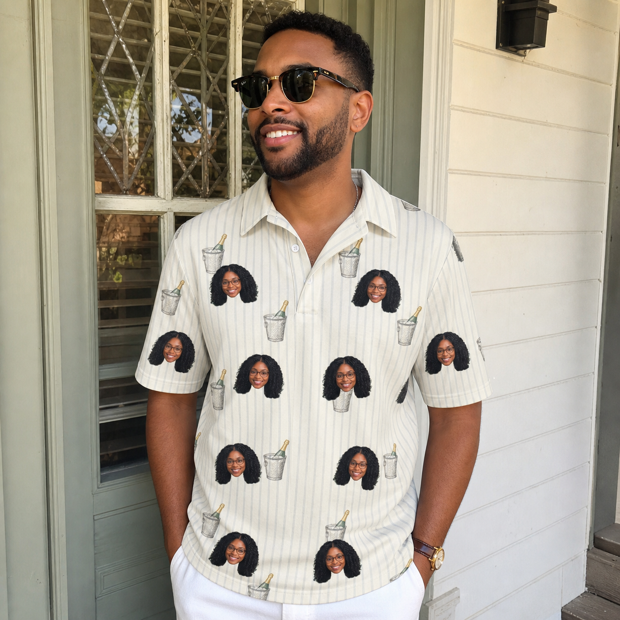 Real-life photo of someone wearing Men's Proposal Pails Custom Face Polo Shirt — custom faces printed all-over