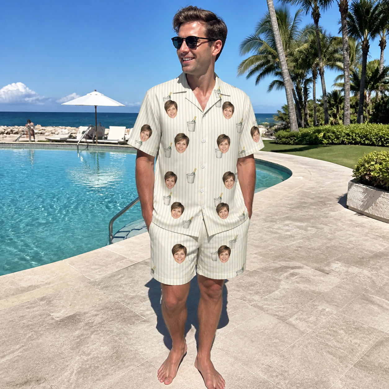 Real-life photo of someone wearing Men's Proposal Pails Custom Face Shirt & Shorts Set — custom faces printed all-over