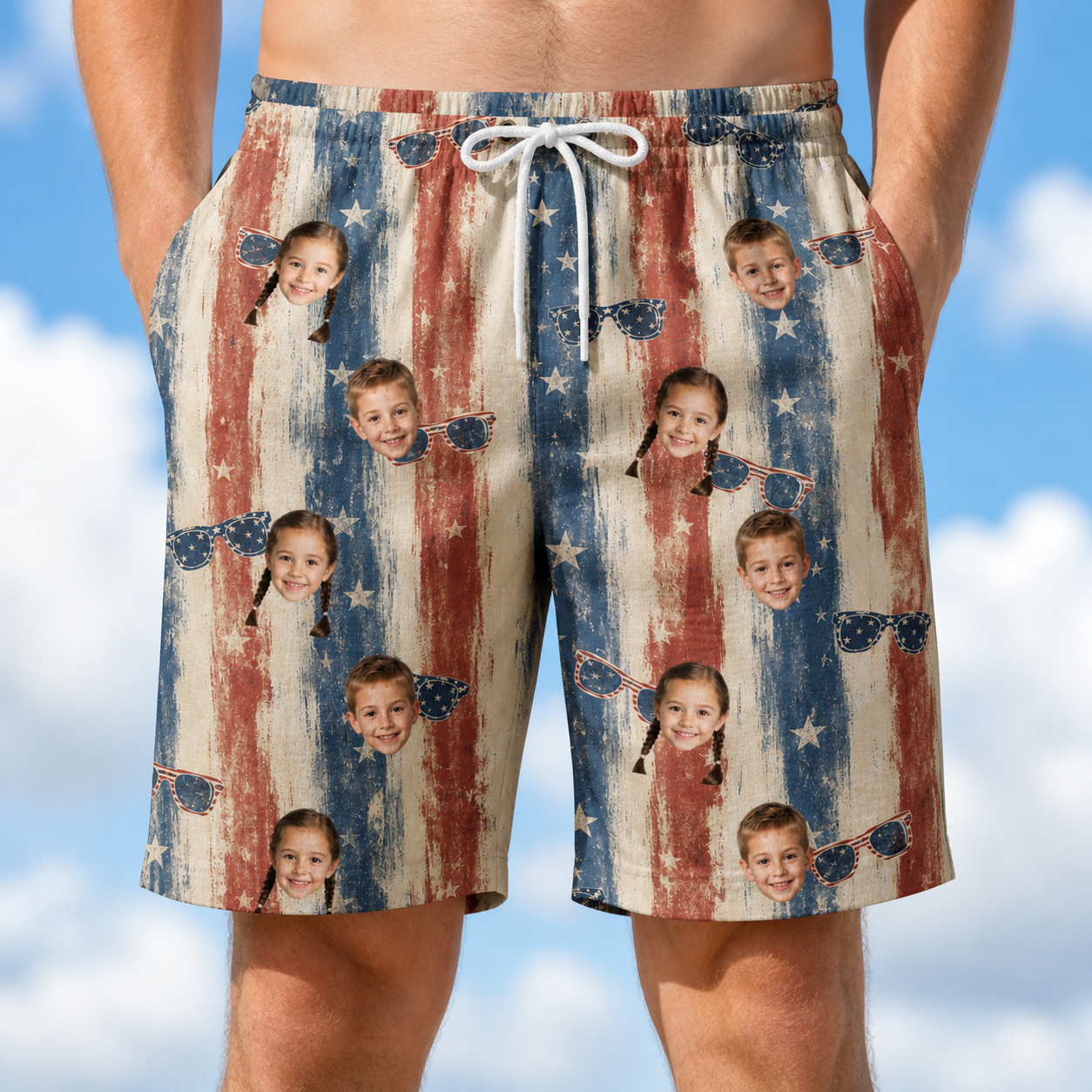 Model wearing Men's Glam Goggles Custom Face Beach Shorts printed with kids' faces