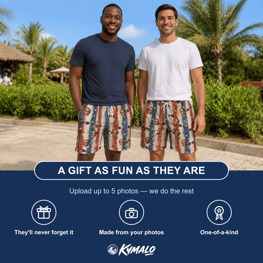 Friends in matching Men's Glam Goggles Custom Face Beach Shorts — a group gift photo
