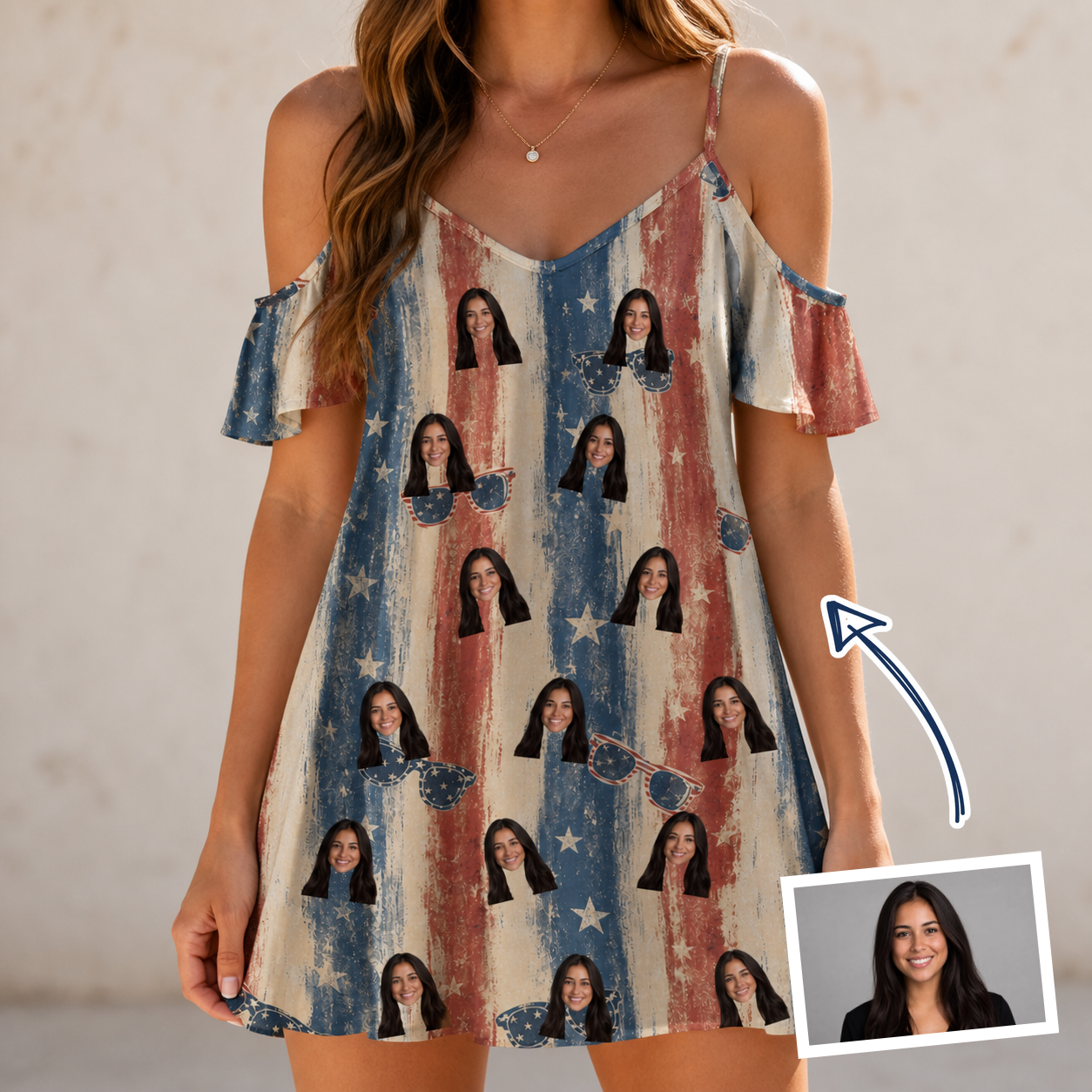 Woman wearing Women's Glam Goggles Custom Face Off-Shoulder Dress — custom faces printed all-over