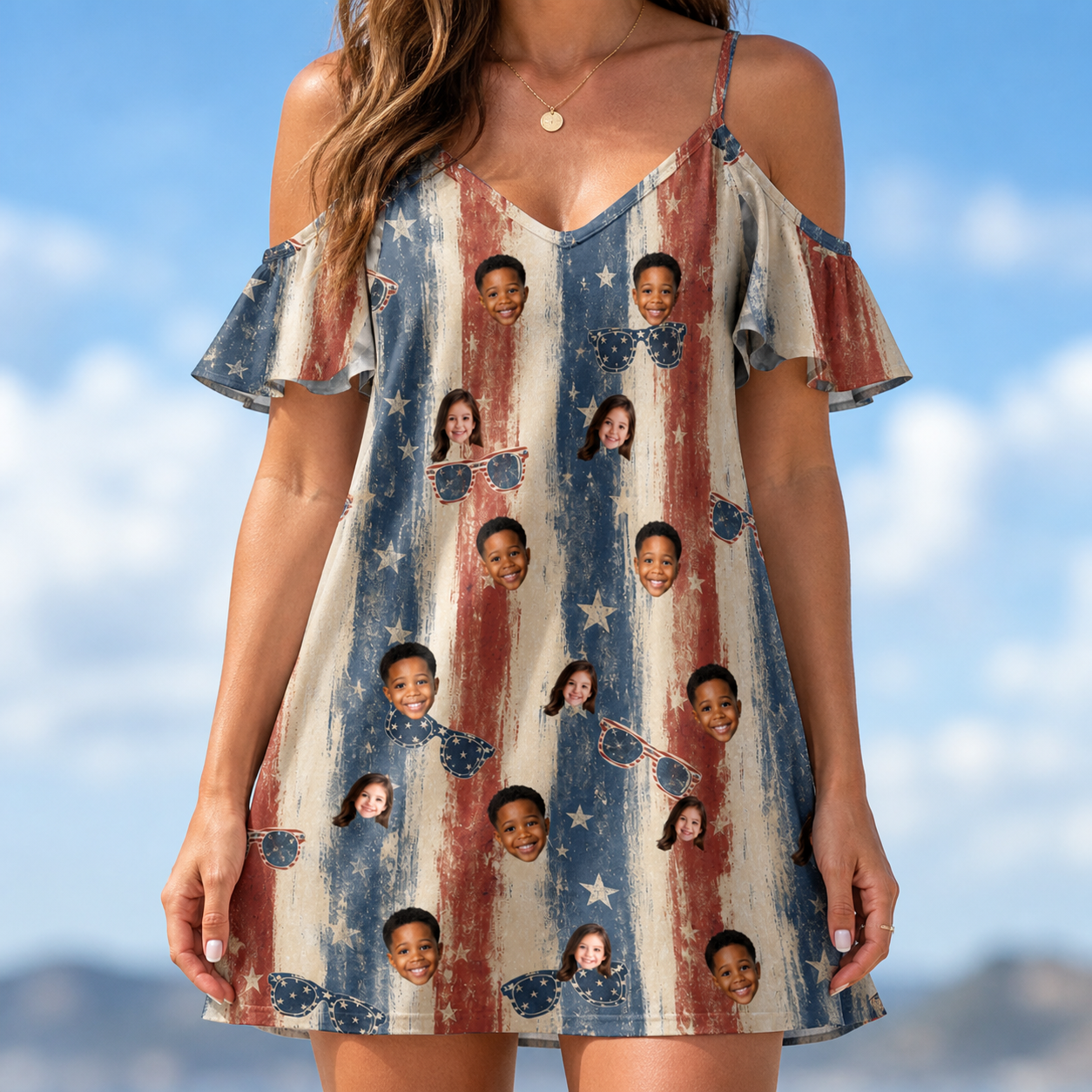 Model wearing Women's Glam Goggles Custom Face Off-Shoulder Dress printed with kids' faces