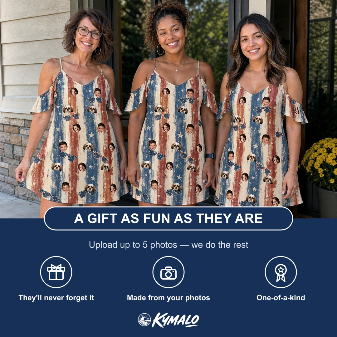 Friends in matching Women's Glam Goggles Custom Face Off-Shoulder Dress — a group gift photo